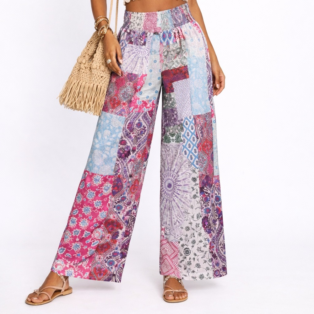 Boho Patchwork Wide-Leg Pants - Pink Multi - image 1